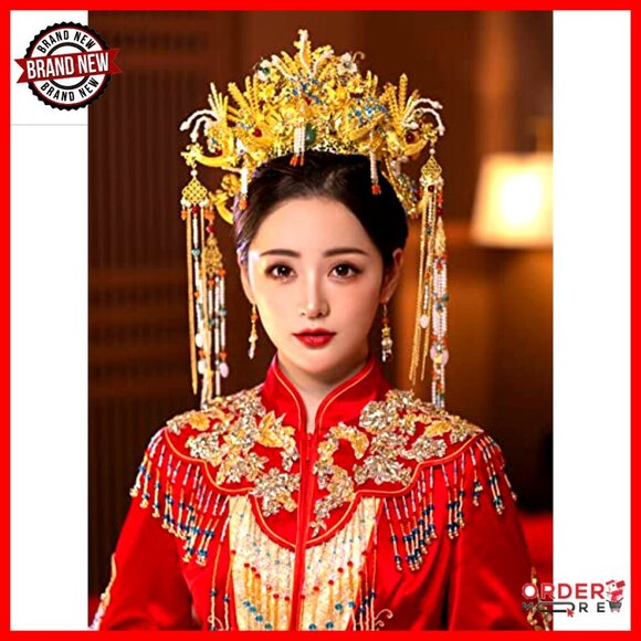 Traditional Chinese Wedding Tiara Headband with Earrings Gold Floral Beaded